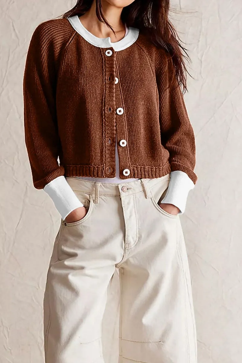 Chouyatou Women Knitted Button Down Cropped Cardigan Jacket Sweater Y2k Fall Knit Color Block Sweater Crewneck Crop Short Coat