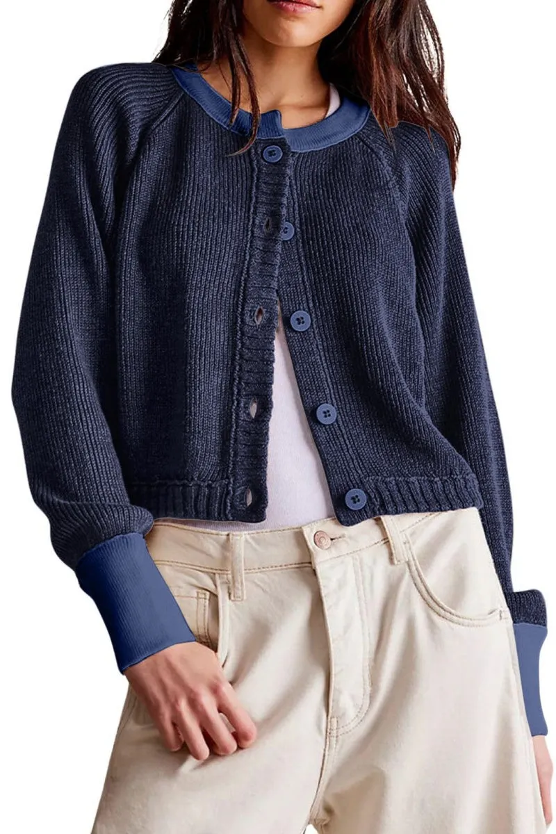 Chouyatou Women Knitted Button Down Cropped Cardigan Jacket Sweater Y2k Fall Knit Color Block Sweater Crewneck Crop Short Coat