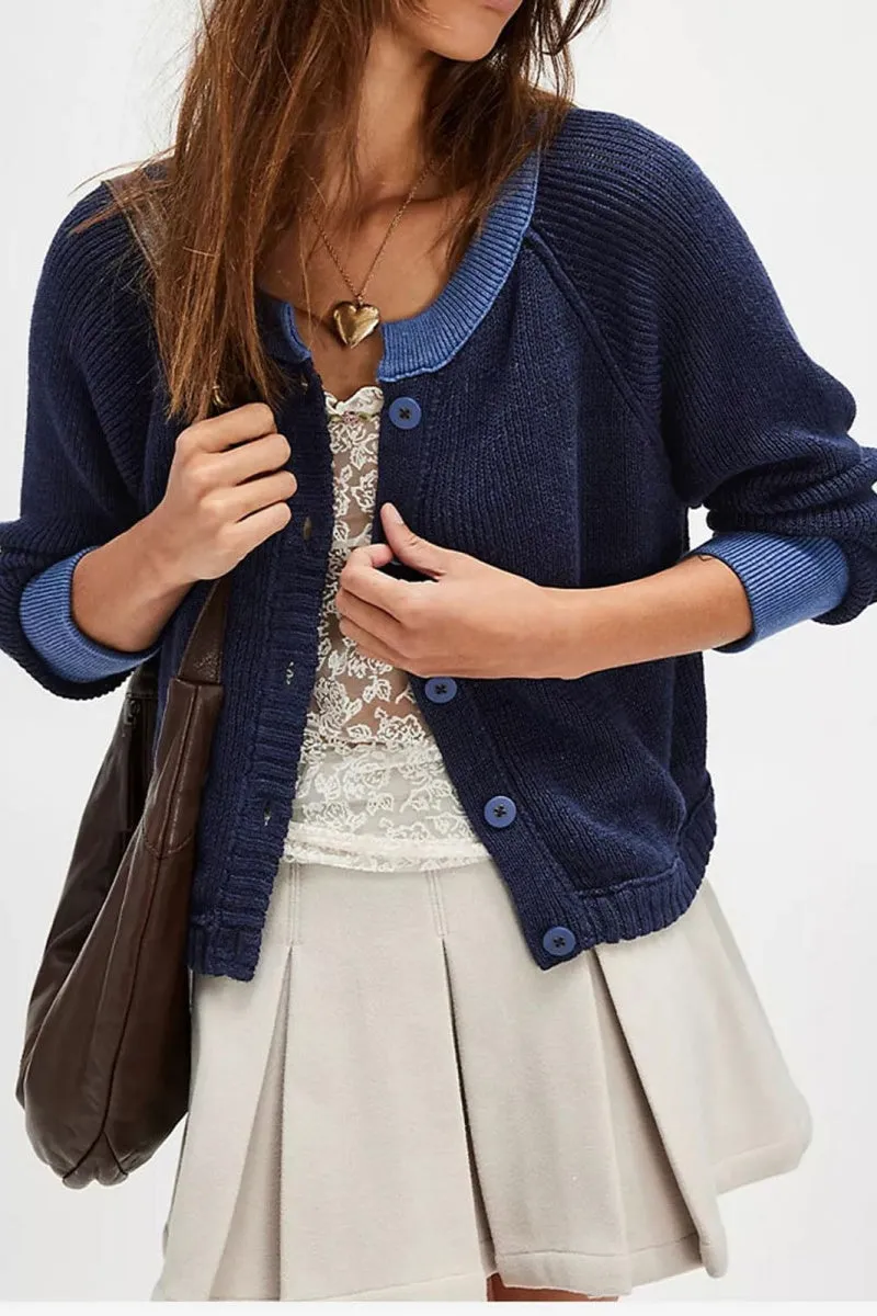 Chouyatou Women Knitted Button Down Cropped Cardigan Jacket Sweater Y2k Fall Knit Color Block Sweater Crewneck Crop Short Coat