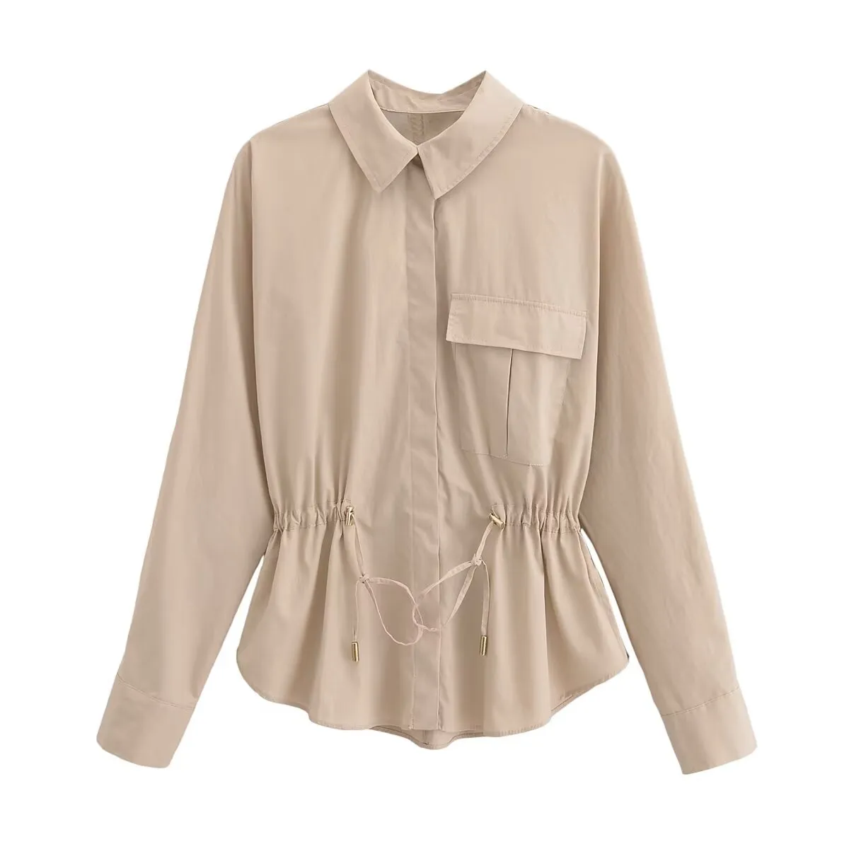 Cinched Waist Collared Long Sleeve Blouse
