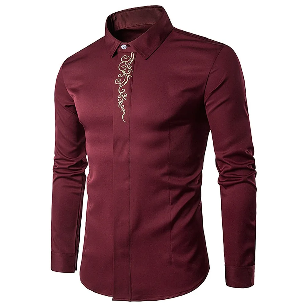 Cotton Lapel Collar Embroidered Long Sleeve Man Shirt 1908