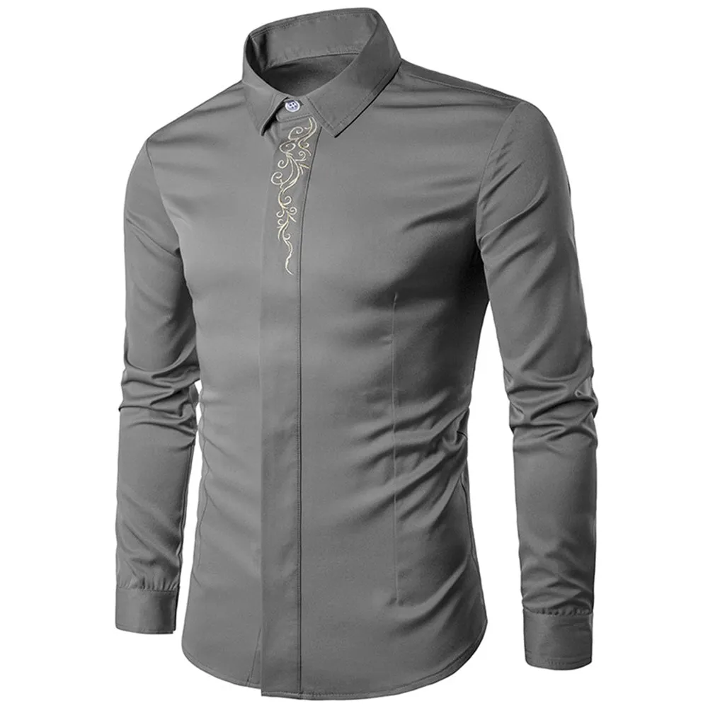 Cotton Lapel Collar Embroidered Long Sleeve Man Shirt 1908