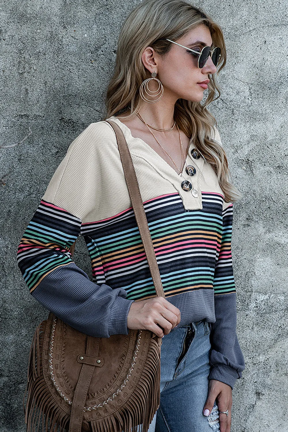 Creamtopmall Button Striped Long Sleeve Top