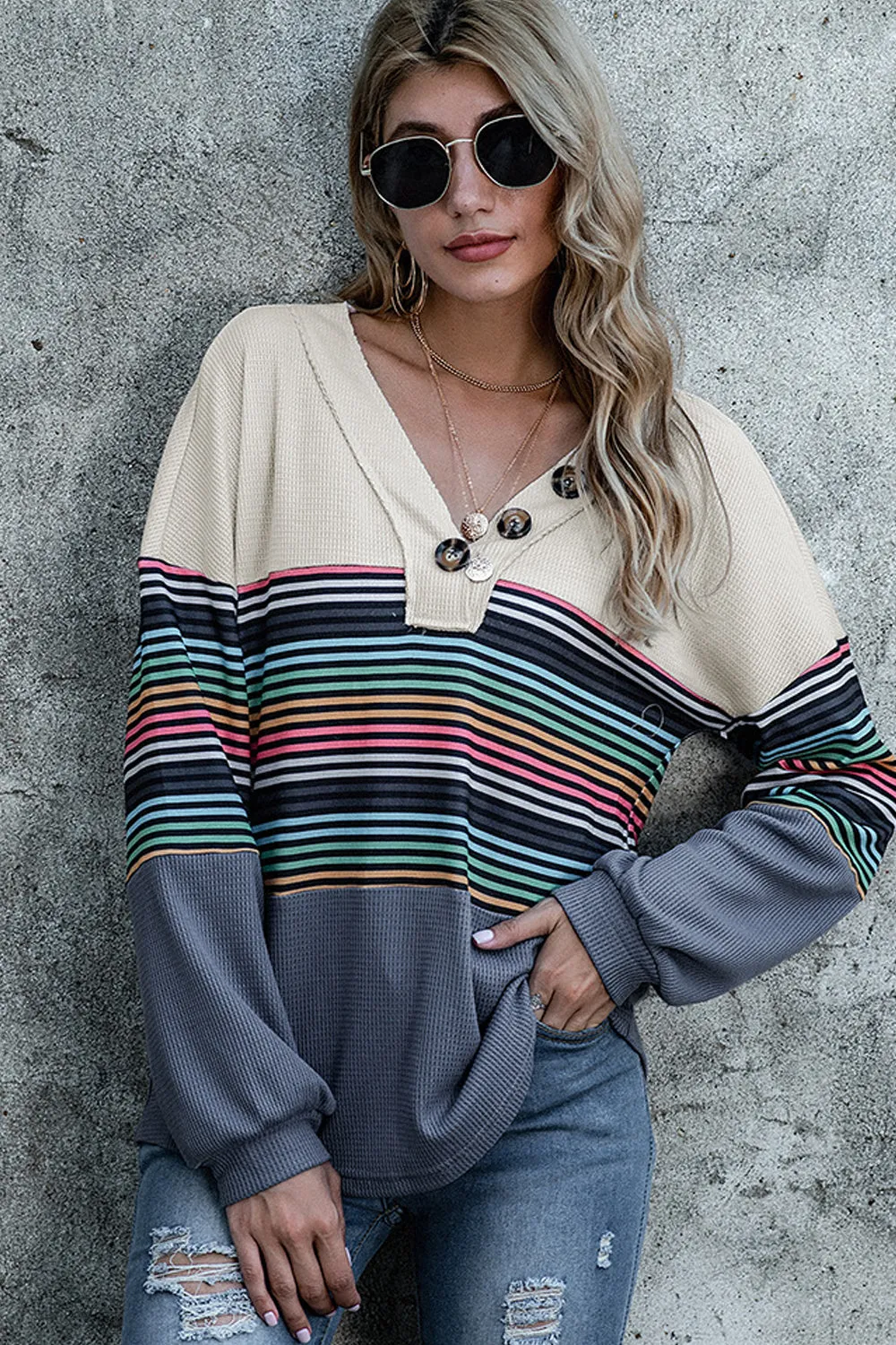 Creamtopmall Button Striped Long Sleeve Top