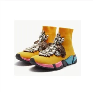 Crystals Sock Sneakers Boots Sport Female Flat Polyester Spandex Ankle Length Rhinestones Sock Sneakers Casual Shoes
