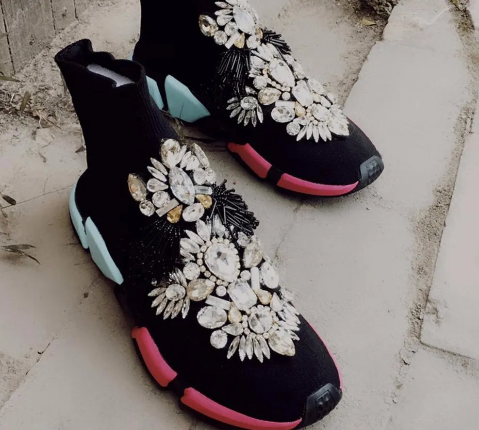 Crystals Sock Sneakers Boots Sport Female Flat Polyester Spandex Ankle Length Rhinestones Sock Sneakers Casual Shoes