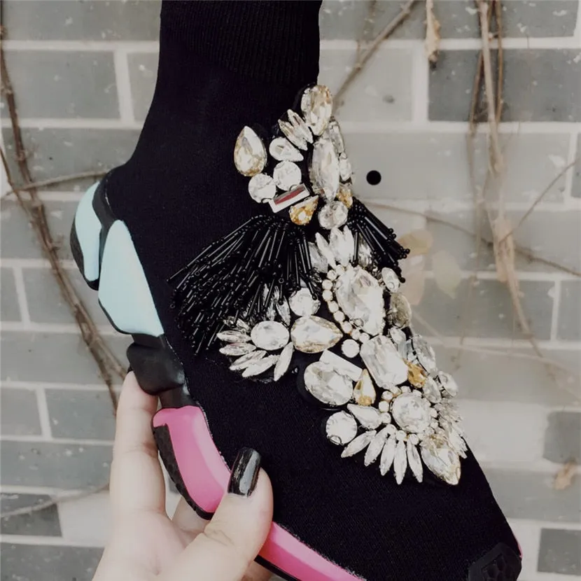 Crystals Sock Sneakers Boots Sport Female Flat Polyester Spandex Ankle Length Rhinestones Sock Sneakers Casual Shoes