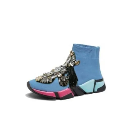 Crystals Sock Sneakers Boots Sport Female Flat Polyester Spandex Ankle Length Rhinestones Sock Sneakers Casual Shoes