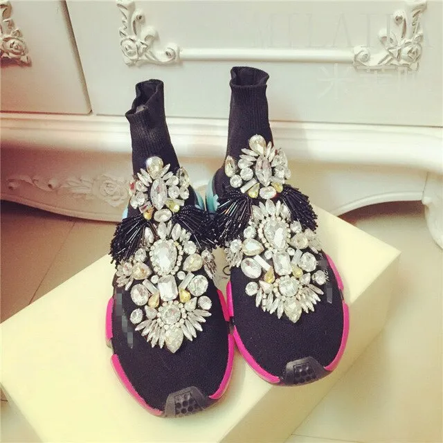 Crystals Sock Sneakers Boots Sport Female Flat Polyester Spandex Ankle Length Rhinestones Sock Sneakers Casual Shoes