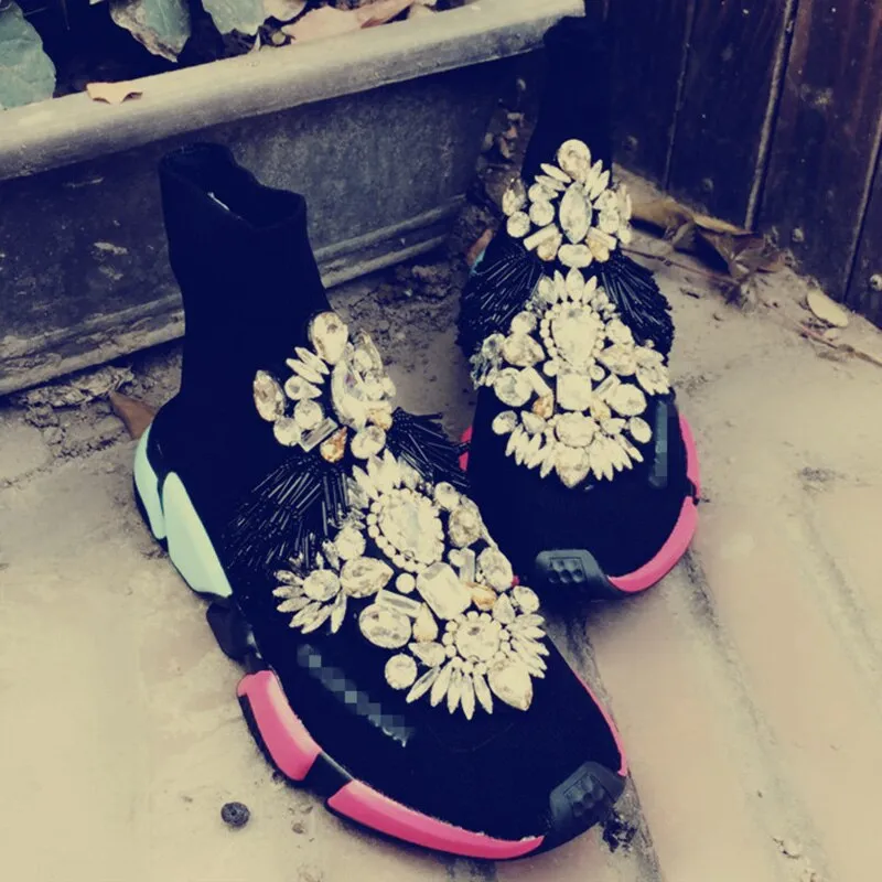 Crystals Sock Sneakers Boots Sport Female Flat Polyester Spandex Ankle Length Rhinestones Sock Sneakers Casual Shoes