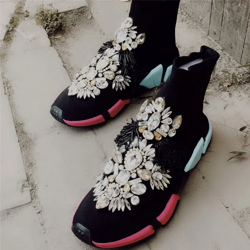 Crystals Sock Sneakers Boots Sport Female Flat Polyester Spandex Ankle Length Rhinestones Sock Sneakers Casual Shoes