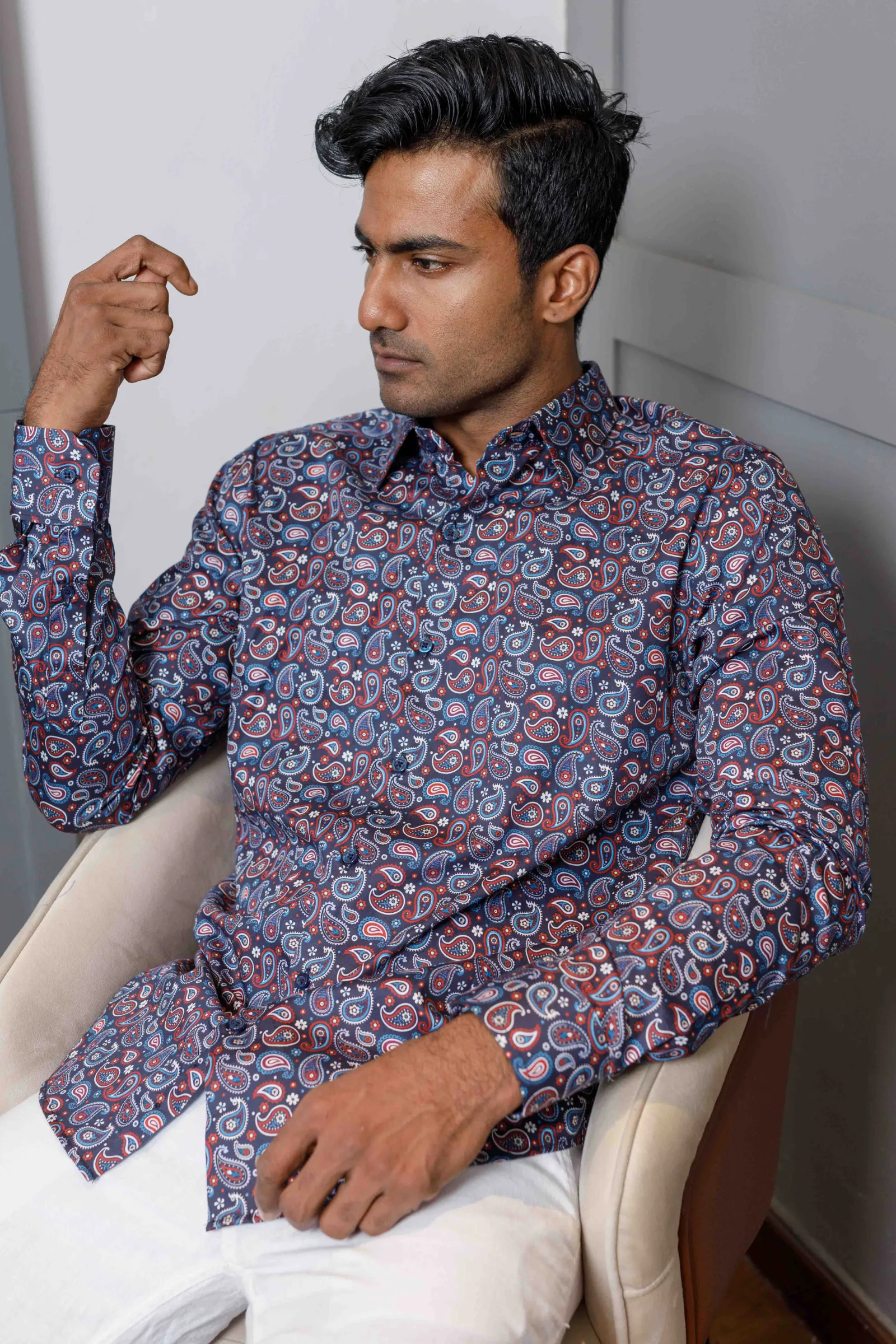 Dark Blue Paisley Print Long Sleeve Shirt