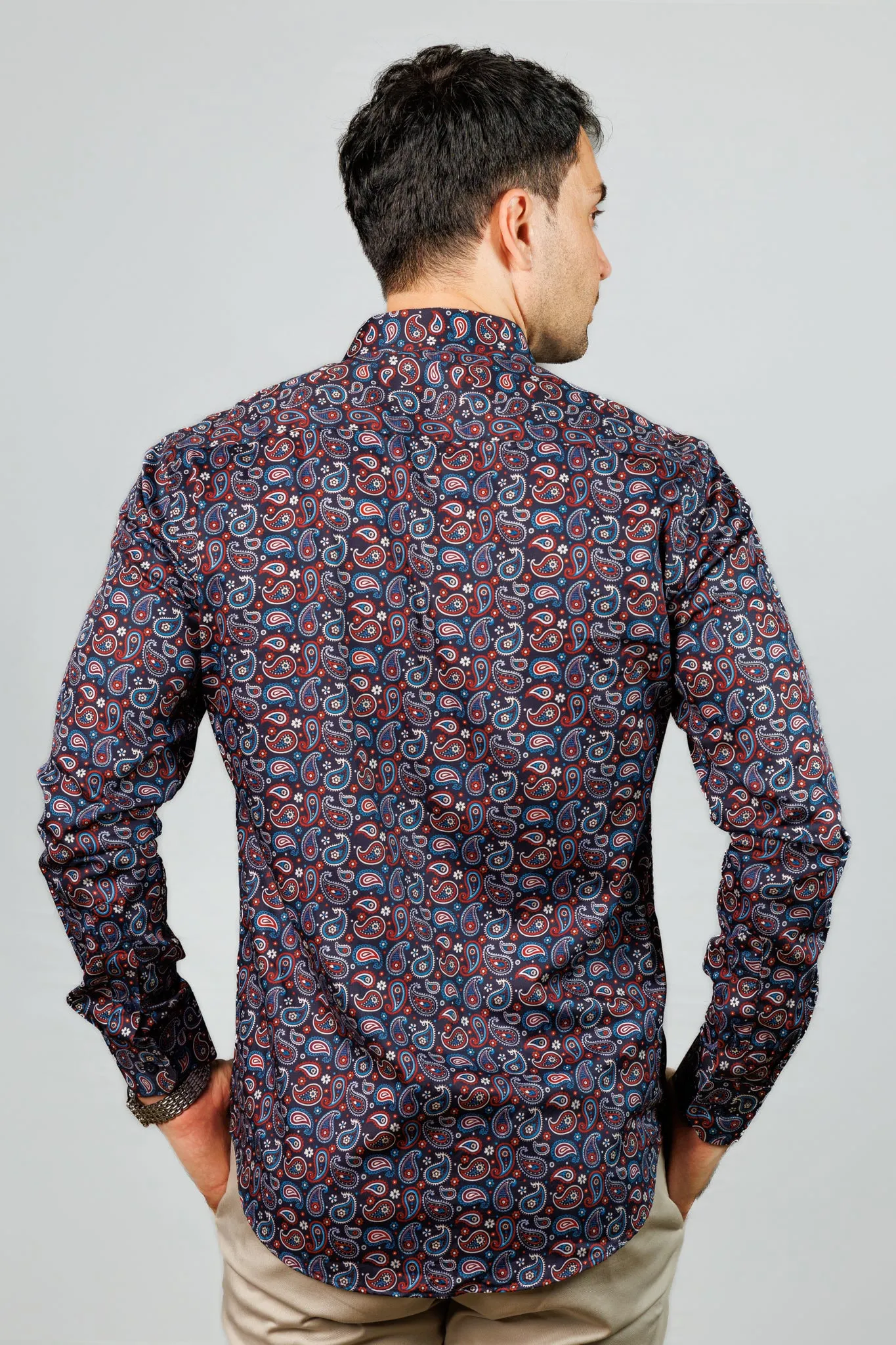 Dark Blue Paisley Print Long Sleeve Shirt