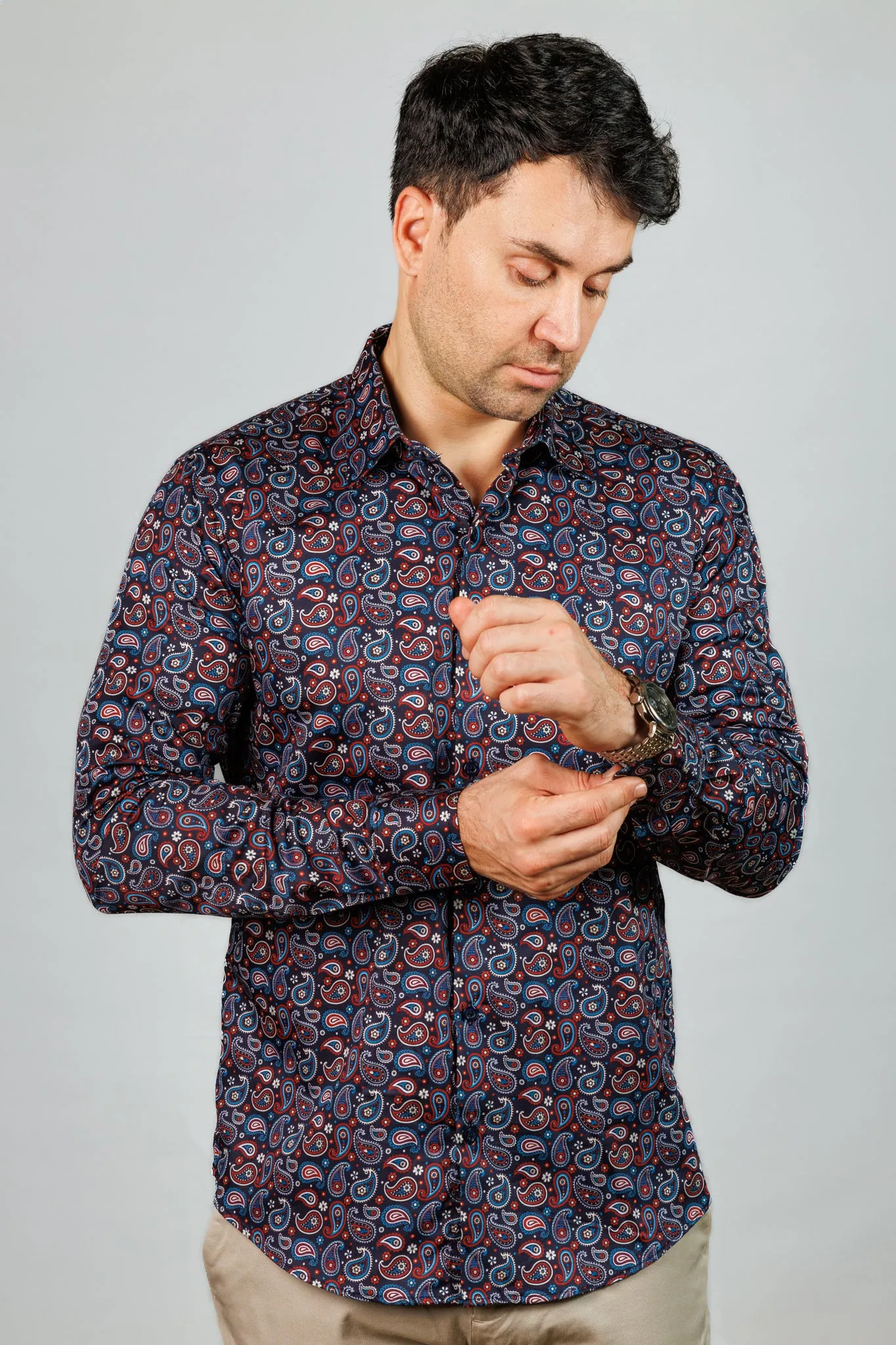 Dark Blue Paisley Print Long Sleeve Shirt