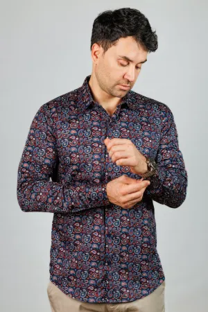 Dark Blue Paisley Print Long Sleeve Shirt