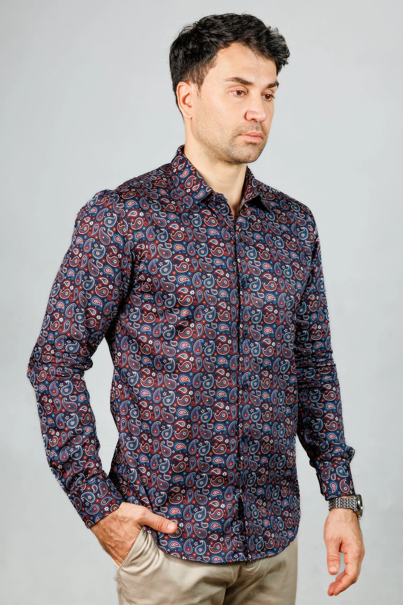 Dark Blue Paisley Print Long Sleeve Shirt