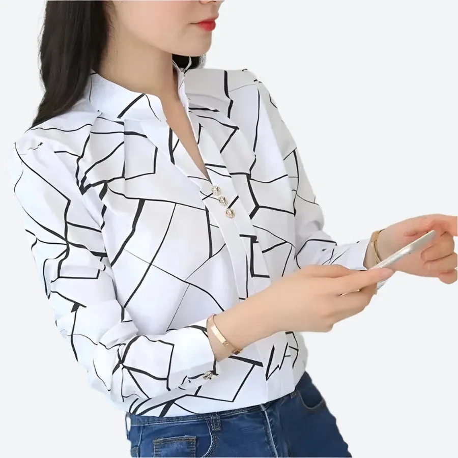 Elegant Button-Front Printed Long-Sleeve Blouses