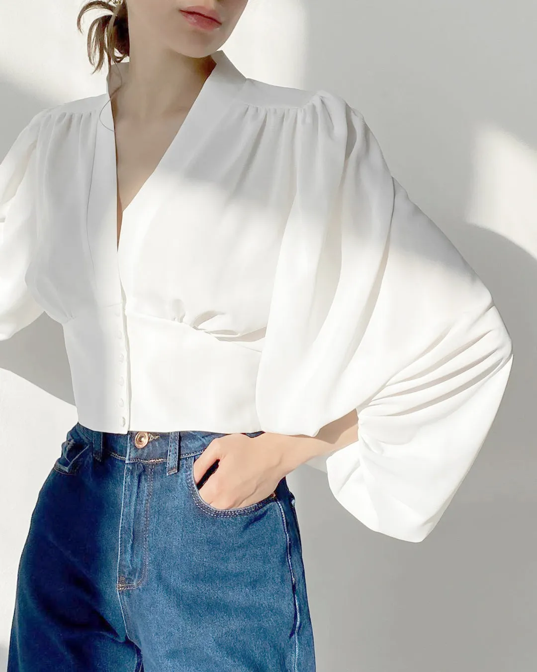 Elegant V-neck Lantern Sleeve Button Shirts
