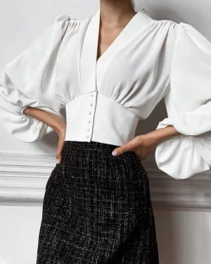 Elegant V-neck Lantern Sleeve Button Shirts