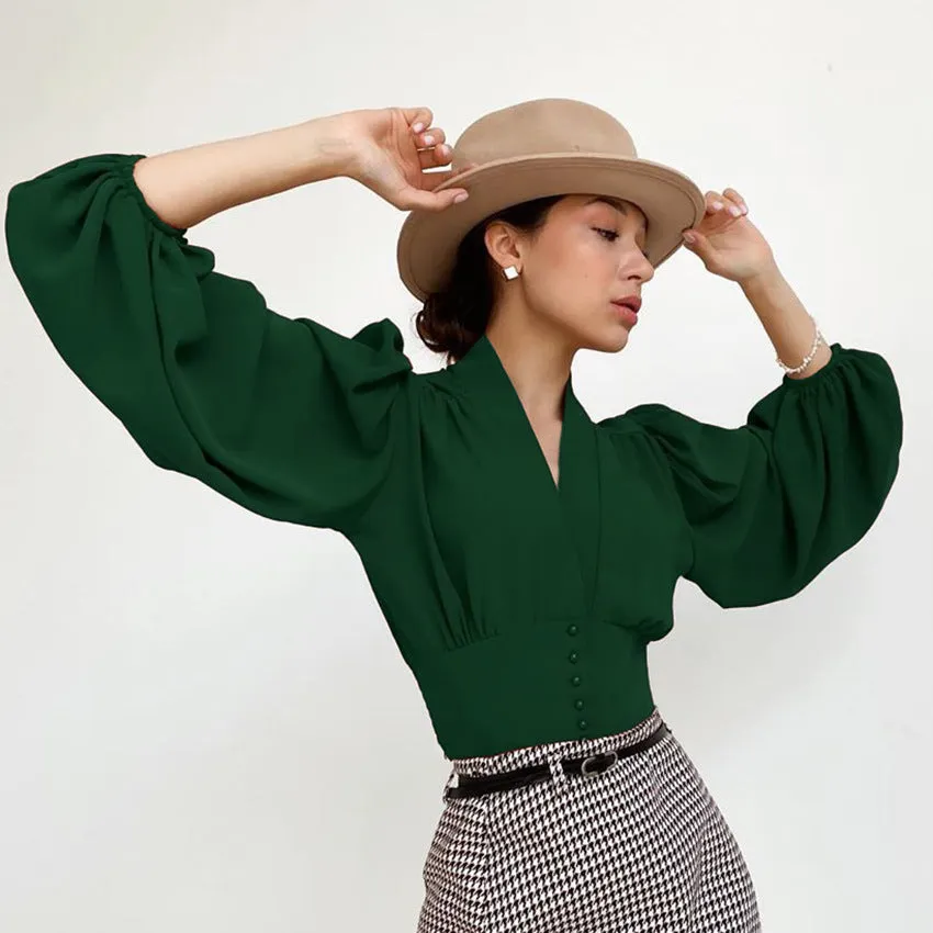 Elegant V-neck Lantern Sleeve Button Shirts