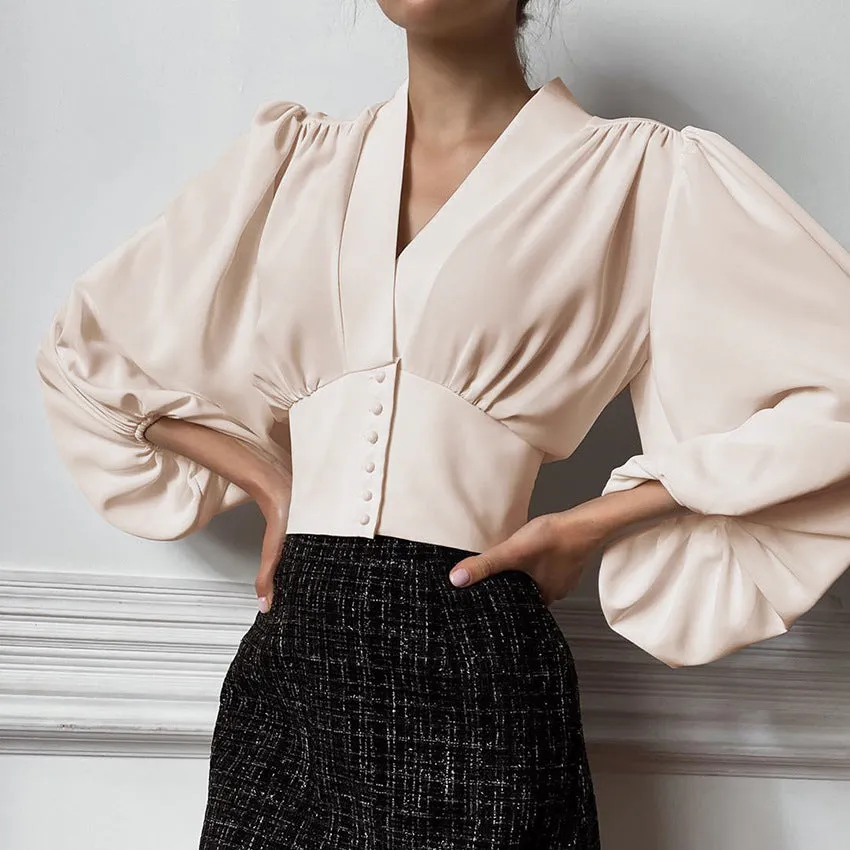 Elegant V-neck Lantern Sleeve Button Shirts