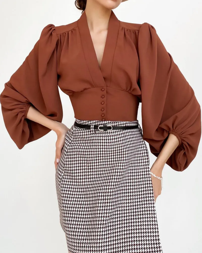 Elegant V-neck Lantern Sleeve Button Shirts