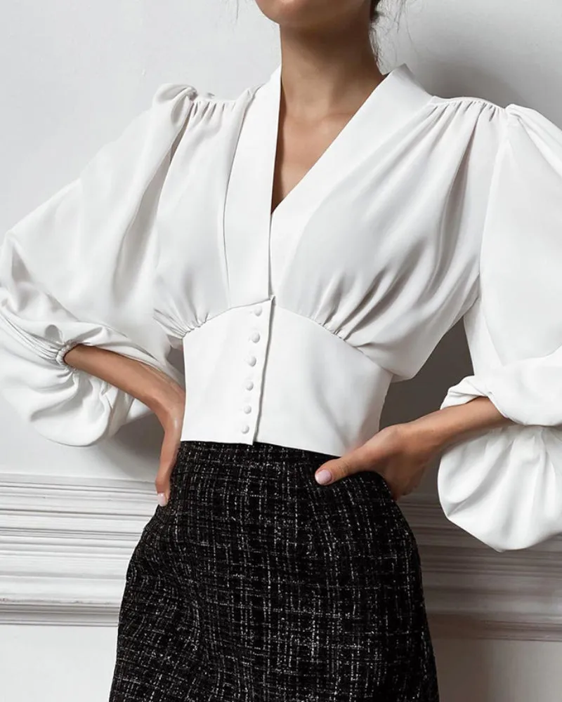 Elegant V-neck Lantern Sleeve Button Shirts