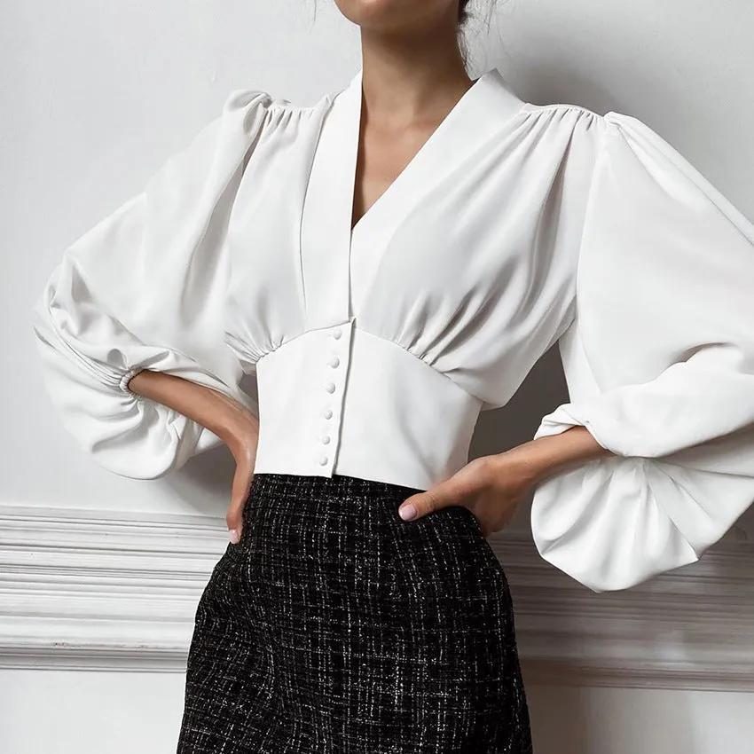 Elegant V-neck Lantern Sleeve Button Shirts