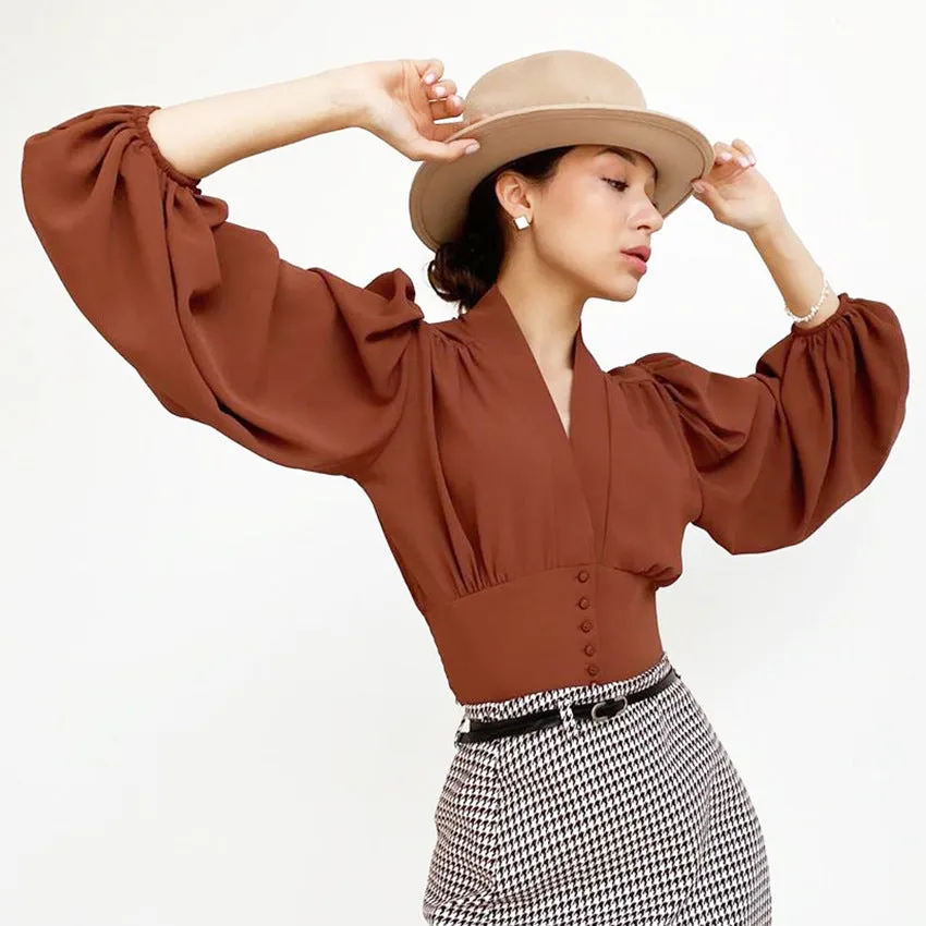 Elegant V-neck Lantern Sleeve Button Shirts