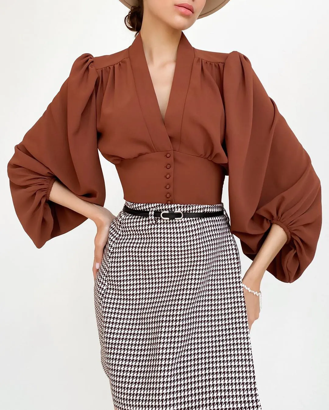 Elegant V-neck Lantern Sleeve Button Shirts