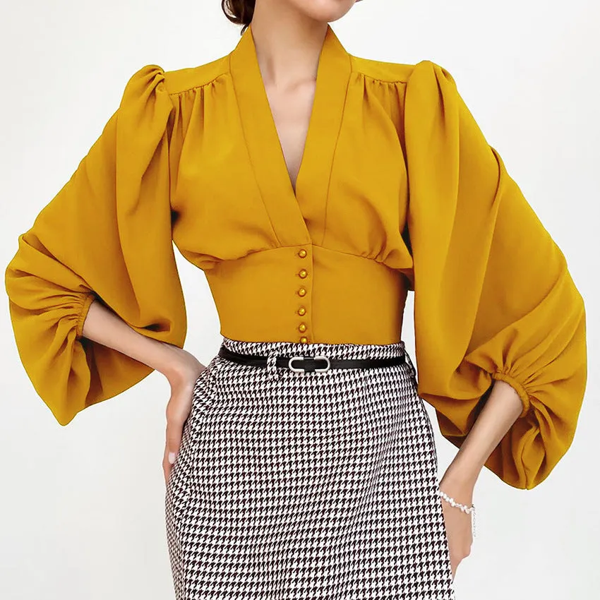 Elegant V-neck Lantern Sleeve Button Shirts