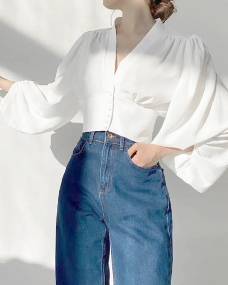 Elegant V-neck Lantern Sleeve Button Shirts