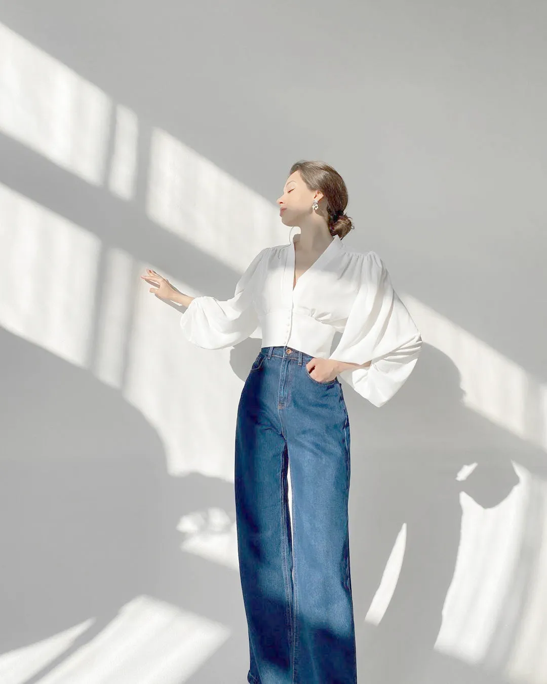 Elegant V-neck Lantern Sleeve Button Shirts