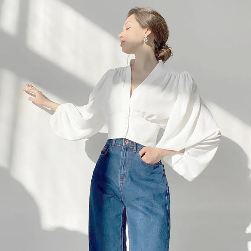 Elegant V-neck Lantern Sleeve Button Shirts