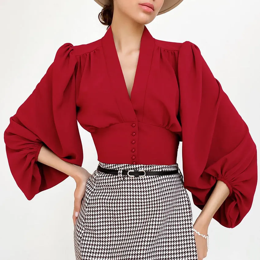 Elegant V-neck Lantern Sleeve Button Shirts