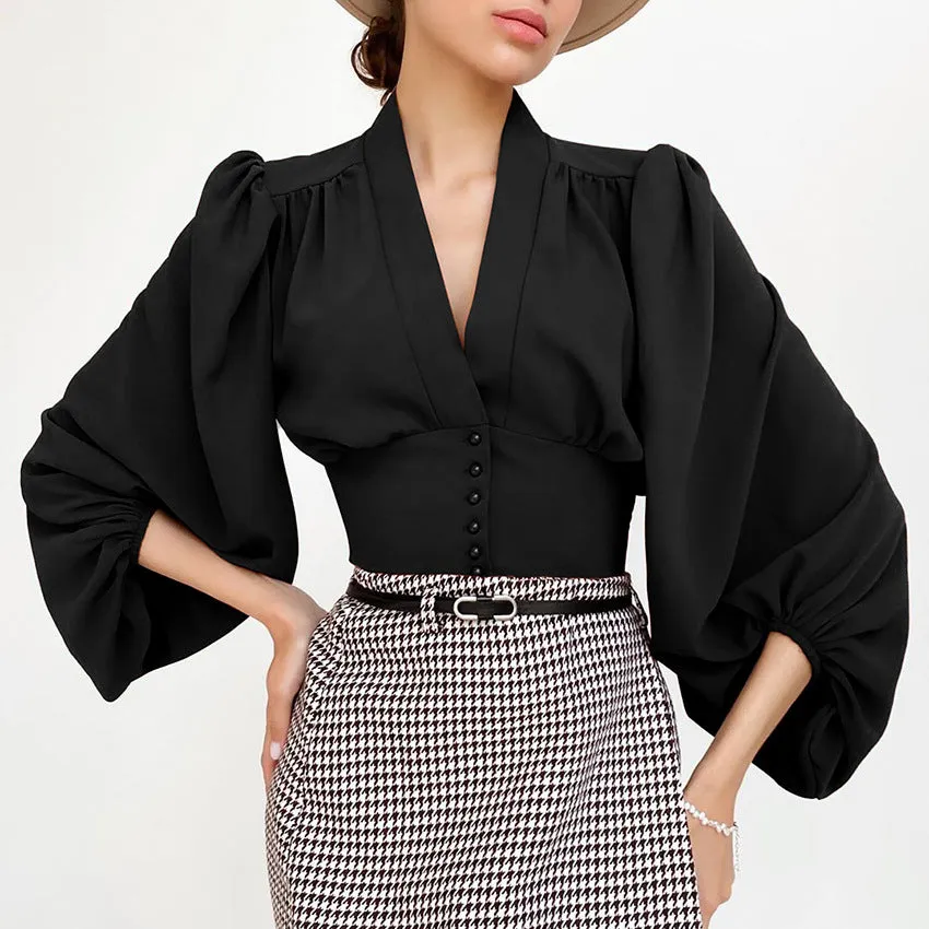 Elegant V-neck Lantern Sleeve Button Shirts
