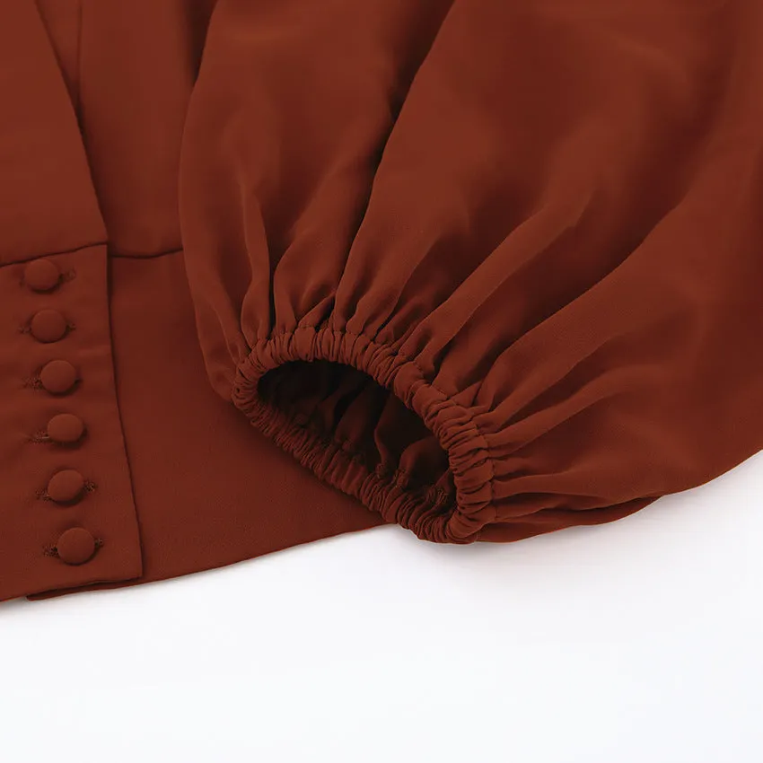 Elegant V-neck Lantern Sleeve Button Shirts