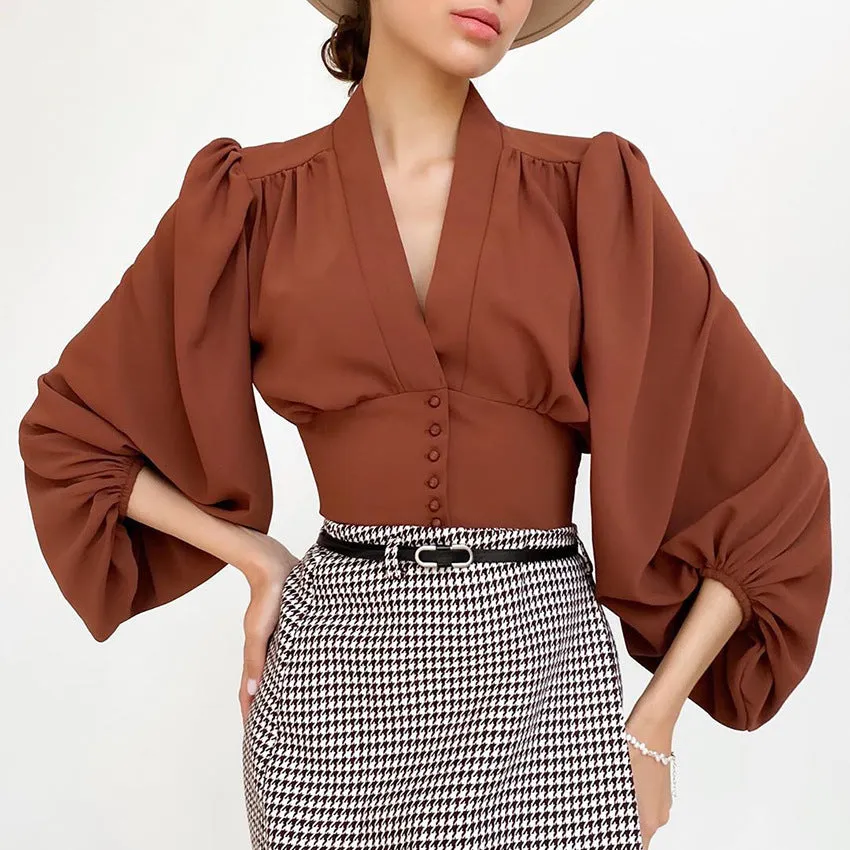 Elegant V-neck Lantern Sleeve Button Shirts