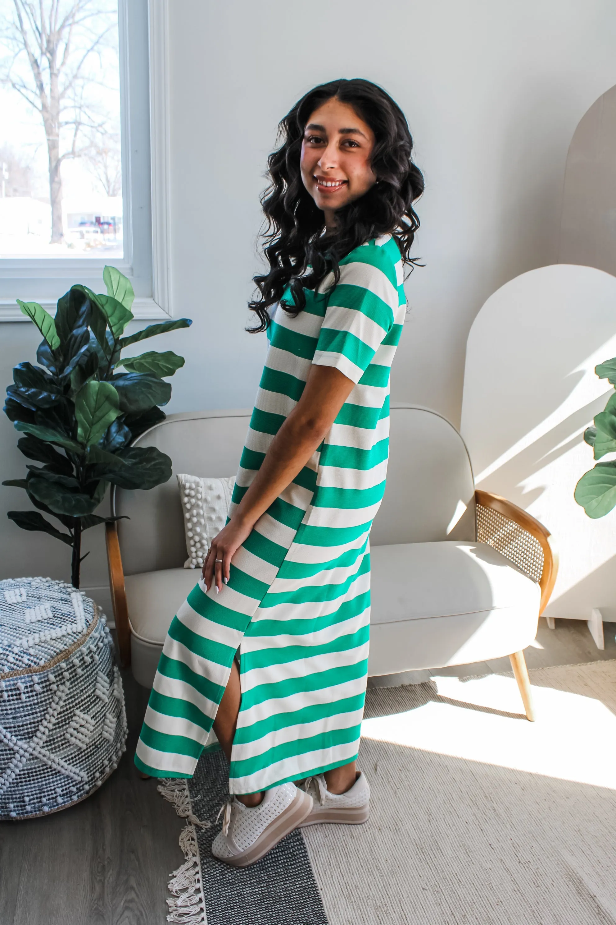 Ella Striped T-Shirt Dress • Green