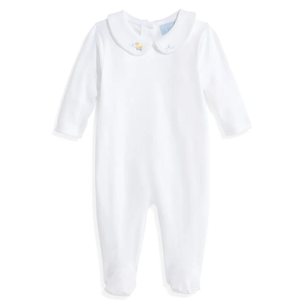 Embroidered Collared Pima Footie -- White w/ Ducks