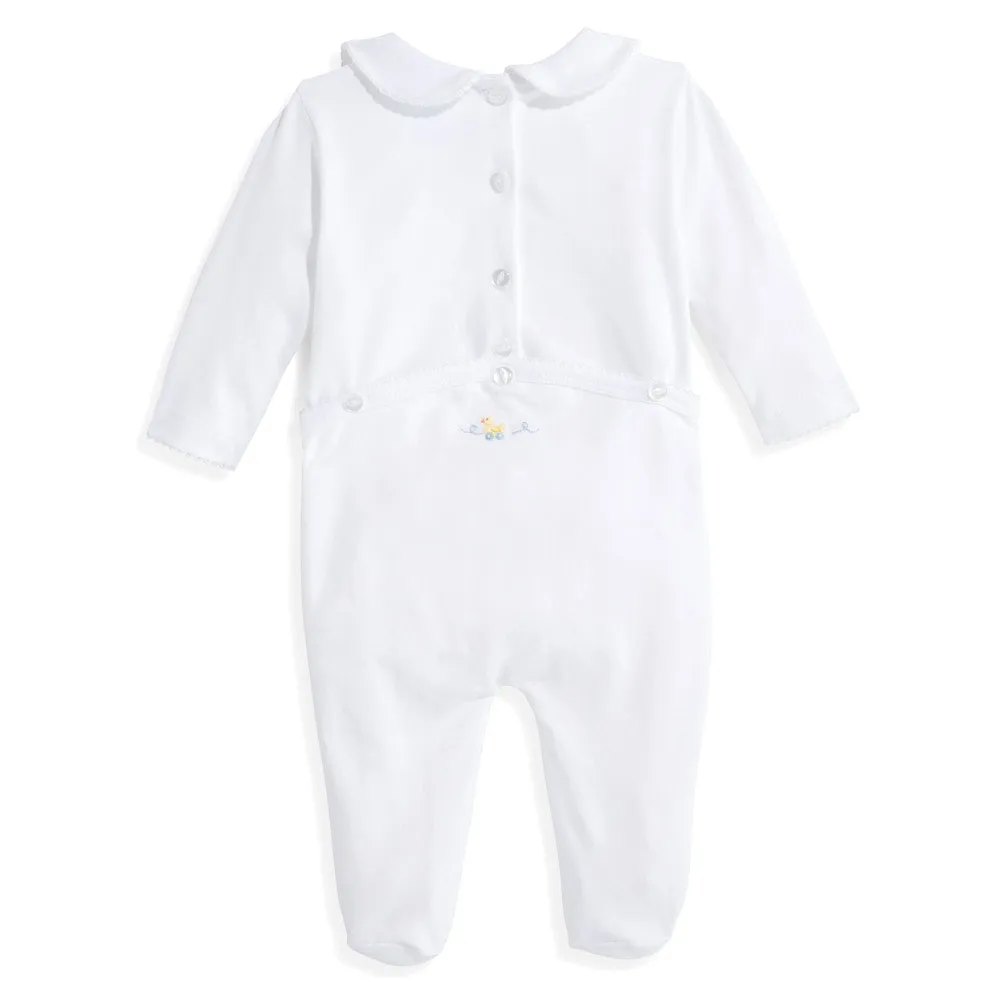Embroidered Collared Pima Footie -- White w/ Ducks