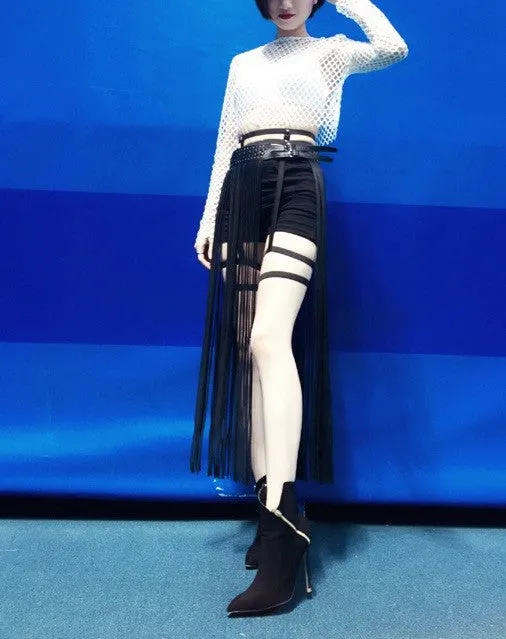 Fantastic Long Fringe Belt Black Leather