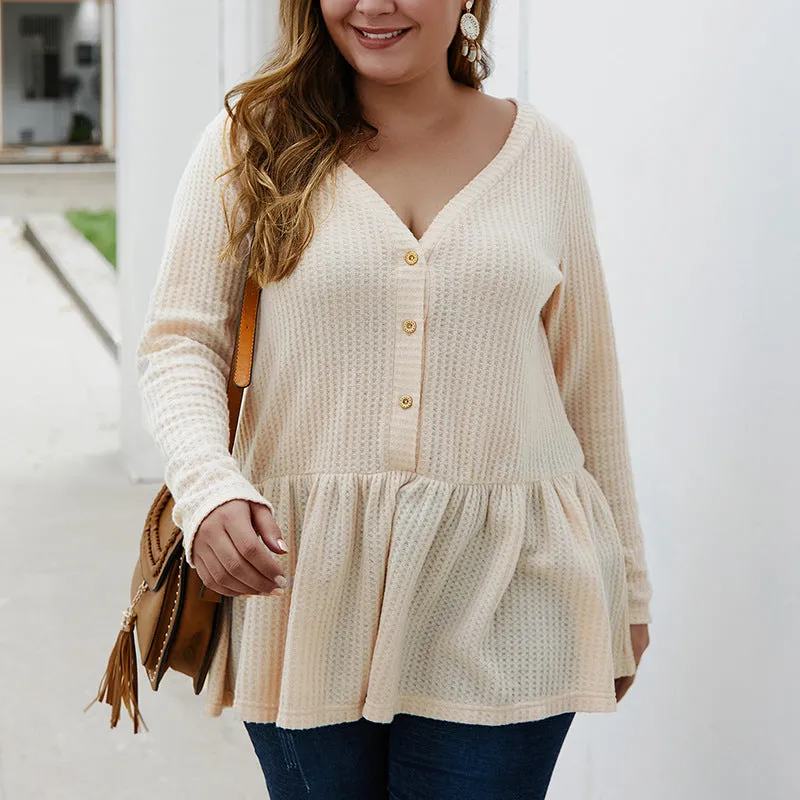 Fat Mm Autumn and Winter V-neck Long-sleeved Sweater Long Shirt