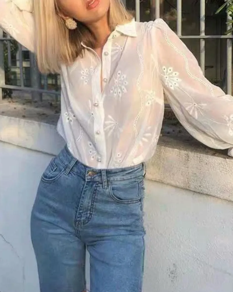 Floral Embroidery Single-breasted Hollow-out Shirts Blouse