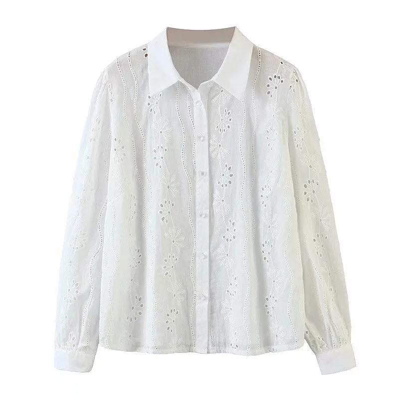 Floral Embroidery Single-breasted Hollow-out Shirts Blouse