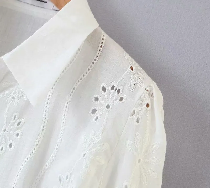 Floral Embroidery Single-breasted Hollow-out Shirts Blouse