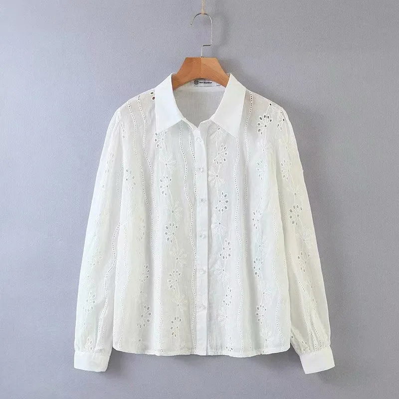 Floral Embroidery Single-breasted Hollow-out Shirts Blouse