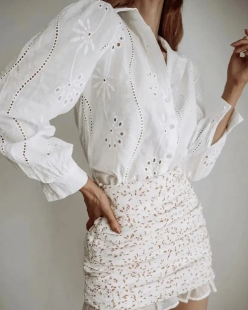 Floral Embroidery Single-breasted Hollow-out Shirts Blouse