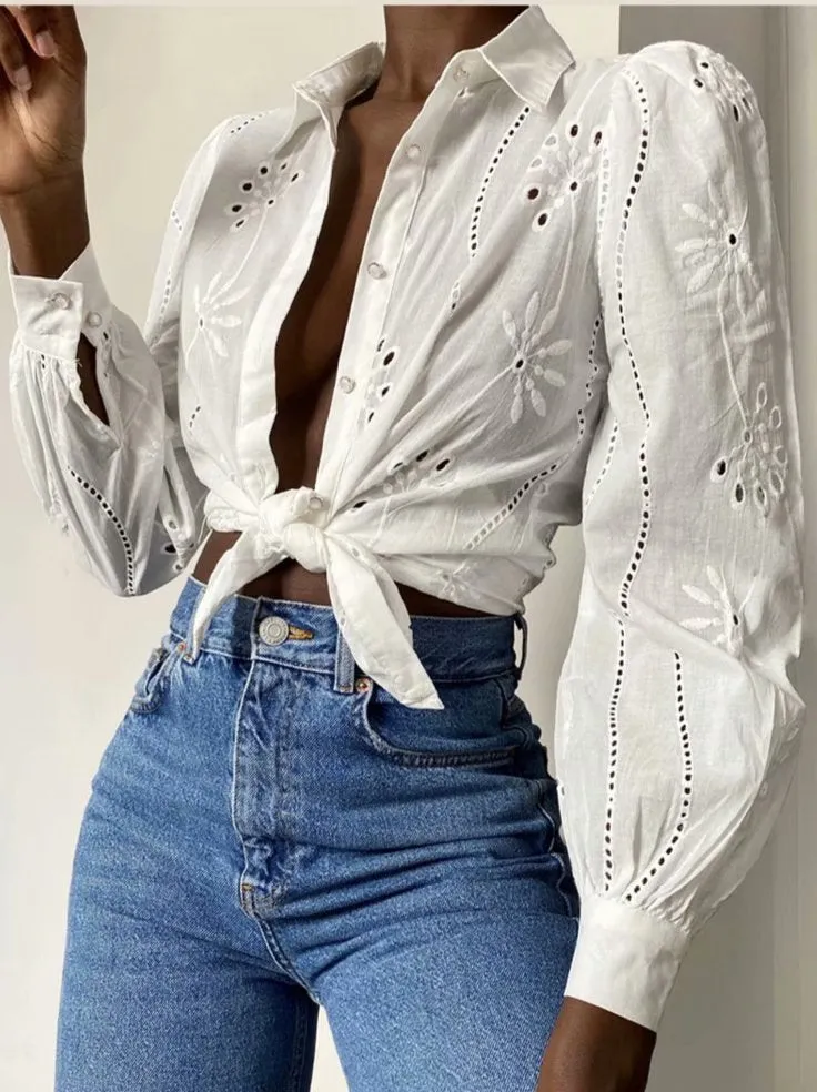 Floral Embroidery Single-breasted Hollow-out Shirts Blouse