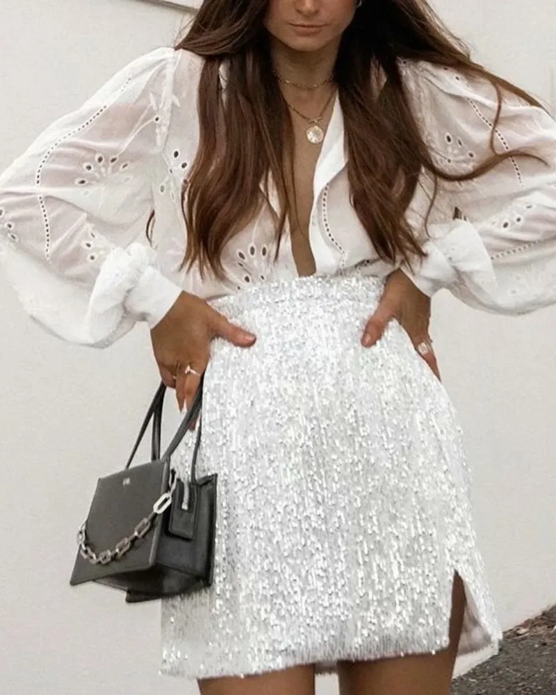 Floral Embroidery Single-breasted Hollow-out Shirts Blouse